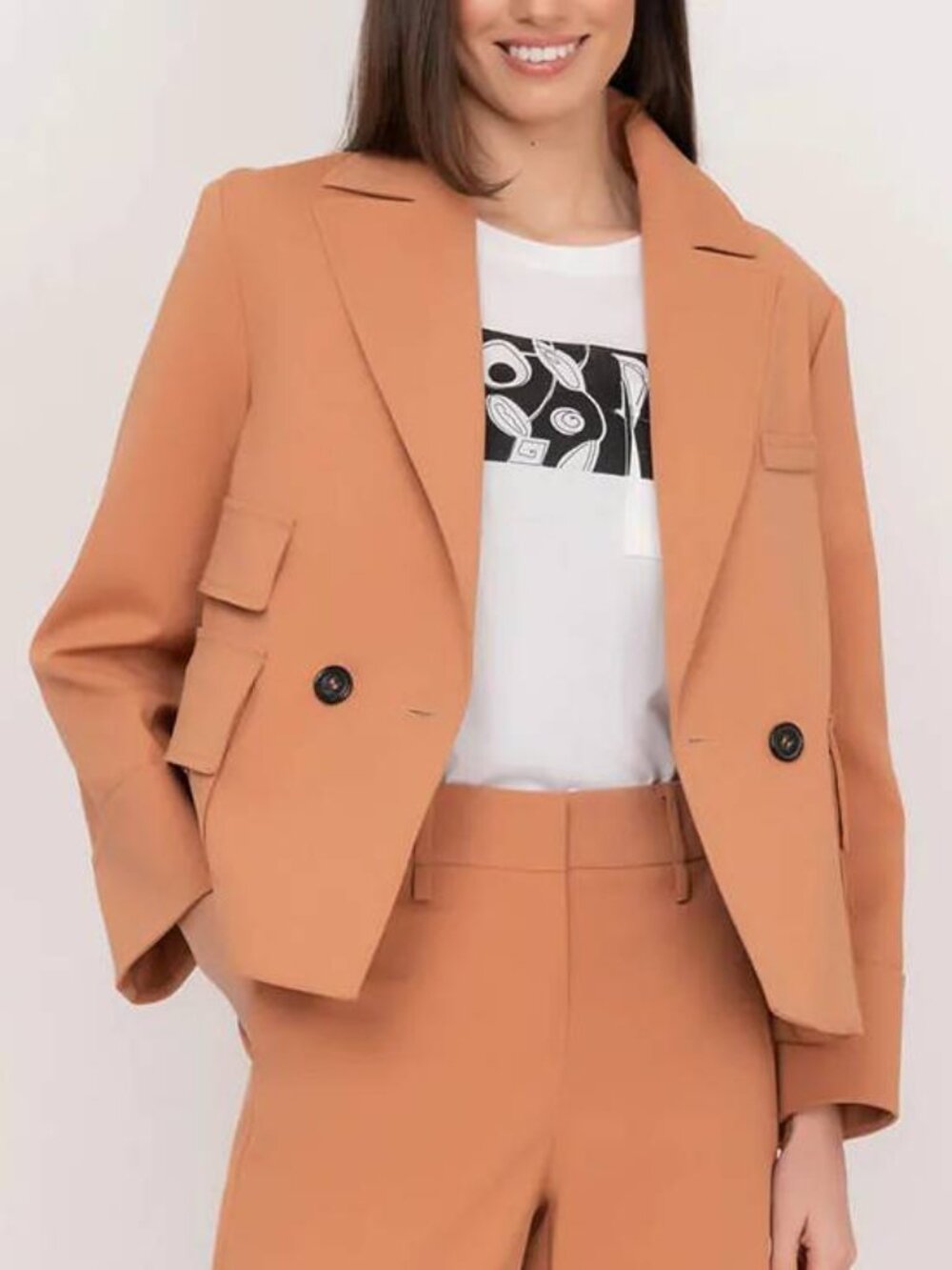 Luisa Cerano Tan Cotton Double-Breasted Utility-Style Blazer
